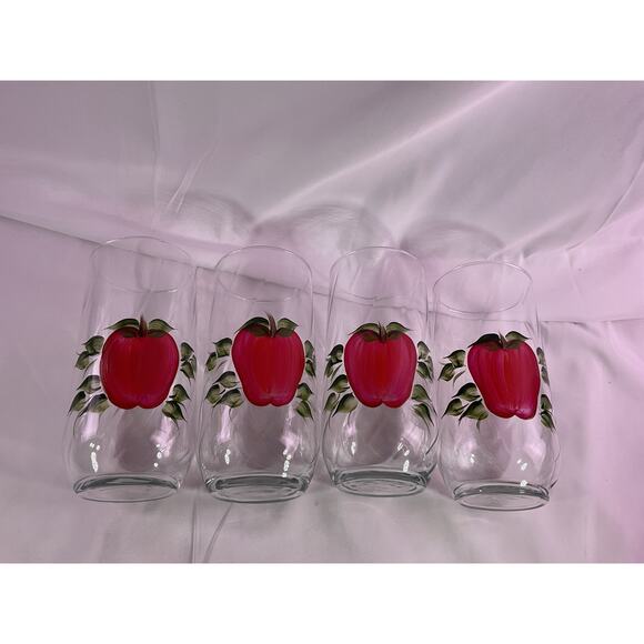 Set of 4 Rare Vintage Hand Painted Apple Clear Glass Drinking Glasses 7" Tall - Picture 9 of 9